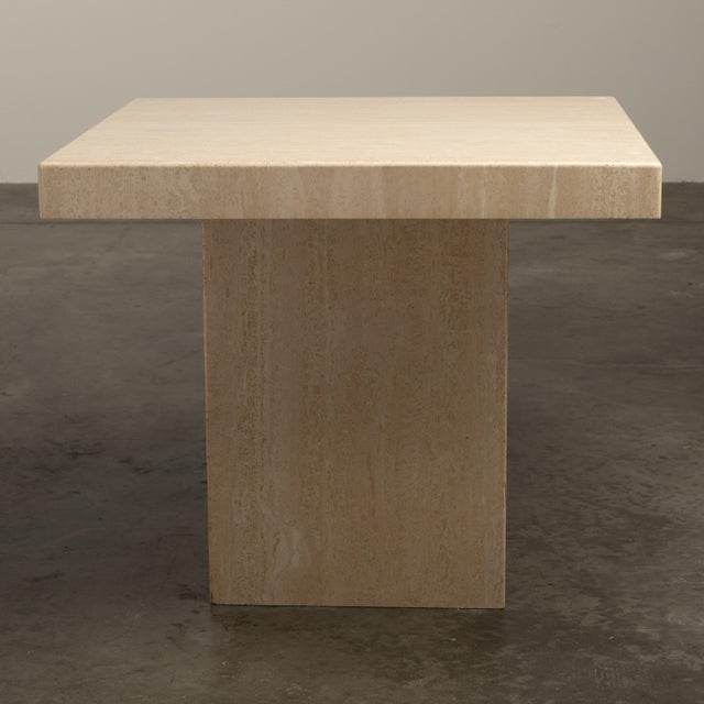 Mid-Century Modern 1980s Travertine Marble Square Dining Table Italian Stone Michael Taylor Style For Sale - Image 3 of 11