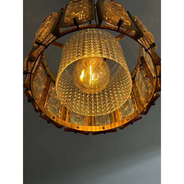 Brown Brass Pendant Lamp with Crystal Elements attributed to Carl Fagerlund for Orrefors, Sweden, 1960s. For Sale - Image 8 of 16