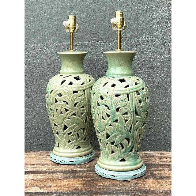 Vintage Cutout Green Ceramic Table Lamps - Pair For Sale In West Palm - Image 6 of 12