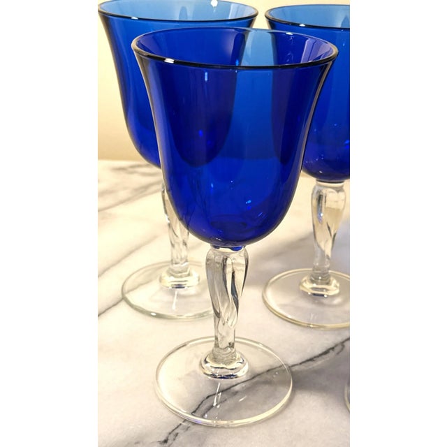 Glass Cobalt Blue, Twisted Stem Wine Glasses - Set of 5 For Sale - Image 7 of 11