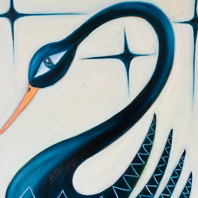 Chippendale ‍Tatiana Duperault Black Swan Original Oil Painting, Mid-Century Style, Navy and Cream, Faux Bamboo Frame For Sale - Image 3 of 4