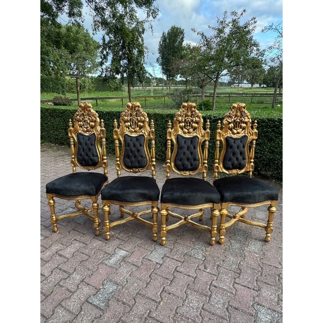 c.1900 Italian Rococo Gold Beech Velvet Dining Chairs - Set of 8 Pc For Sale - Image 9 of 18