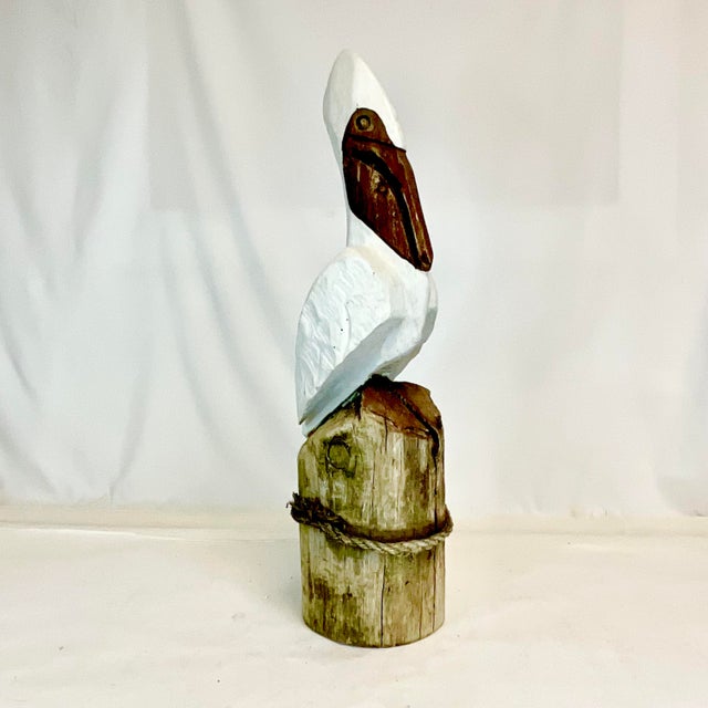 Vintage Coastal Folk Art Hand-Carved Pelican Sculpture From a Wooden Pier Post. For Sale - Image 4 of 13