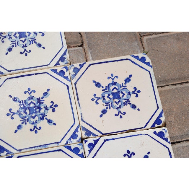 Antique 1920s Portuguese Ceramic Tiles With Stylized Art Deco Rosette Motif Set of 14 For Sale - Image 12 of 18