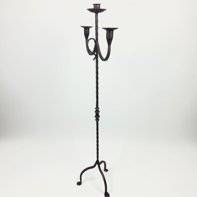 Rustic Hand Forged Iron Floor Candelabra 49″ (124cm) Antique Copper or Gold Patina 3-Arm Twist Stem Candle Holder Rustic Decor For Sale - Image 3 of 11