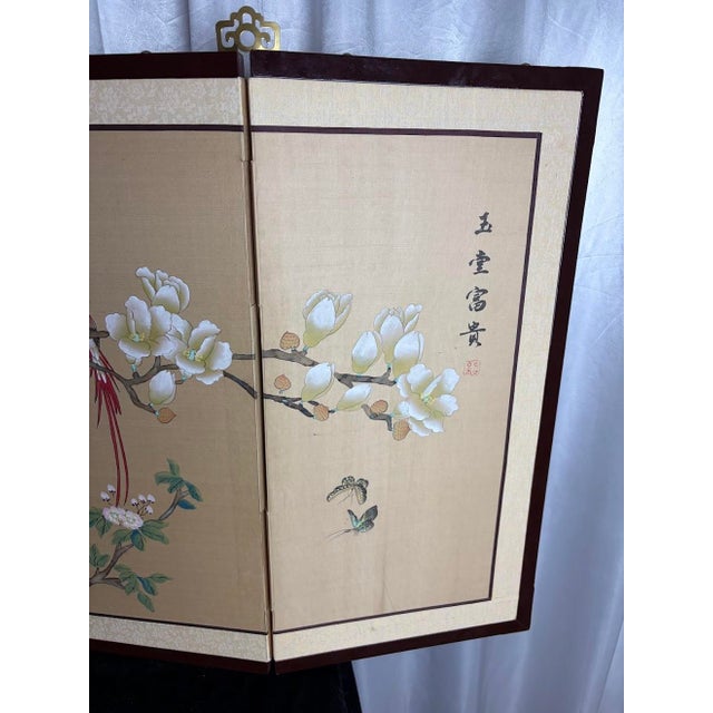 Hand‑Painted Magnolia & Long‑Tailed Birds Panel — 48" Asian Decorative Art With Calligraphy For Sale - Image 10 of 13