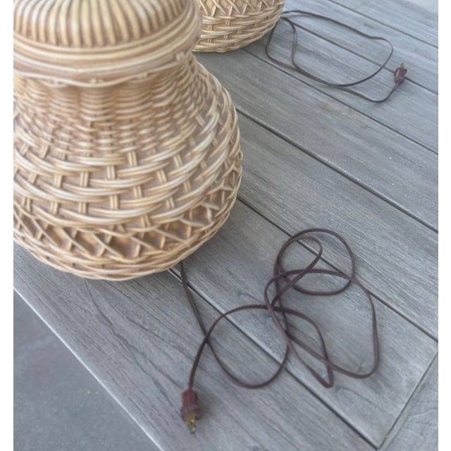1970's Spanish Ceramic Trompe-l'Oeil Wicker Table Lamps With Matching Shades, a Pair For Sale - Image 15 of 16