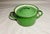Eastern European enamelware pot with lid & two handles green with gold narrow stripe