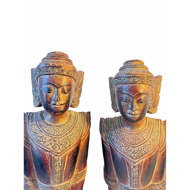 Brick Red Early 19th Century Cambodian Lion Kinnara Carved Lama Tempel Guardian Statues - a Pair For Sale - Image 8 of 13