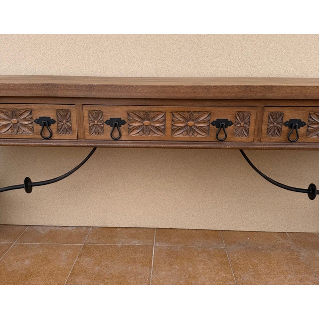 Brown Spanish Rustic Carved Wood Console Table , Mid-20th Century For Sale - Image 8 of 14