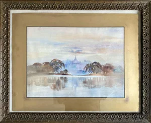 "Lake Scene" - Early 20th Century Watercolor Seascape Painting by m.c. Laung, Framed