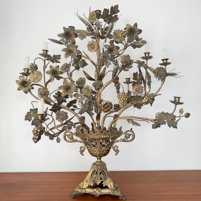 Napoleon Altar Candelabra with Seven Lights and Flower Bouquet Decoration, 1890 For Sale - Image 4 of 8