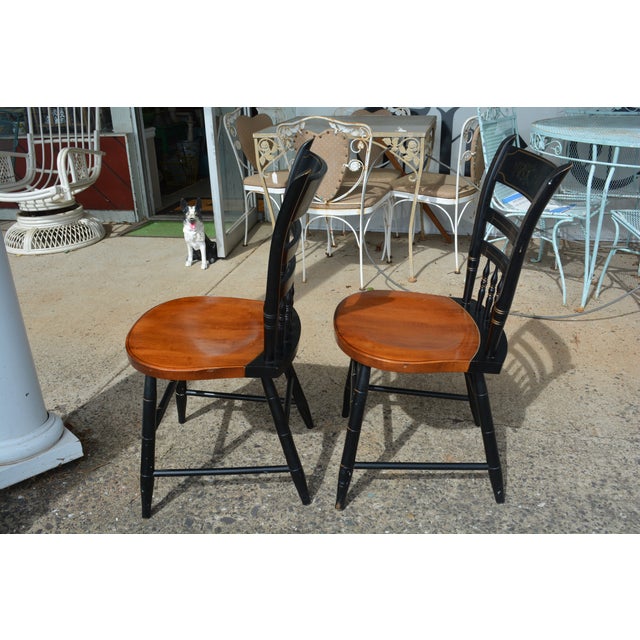 Pair of Mid 20th Century Hitchcock Black W/ Brown Seat Gold Stenciled Fruits Harvest Dining Chairs For Sale - Image 10 of 15