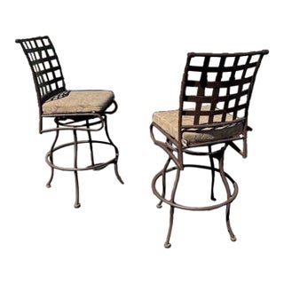 Ow Lee Outdoor Rolling Bar With Faux Stone Top & Two Swivel Bar Stools For Sale