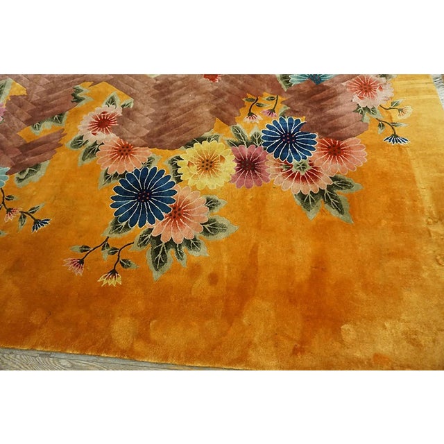 1930s Brilliant Yellow Goldenrod Color With Lovely Flower Design Antique Chinese Art Deco Rug For Sale - Image 5 of 8