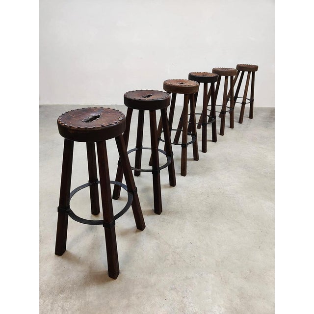 Vintage Spanish Leather Barstools, 1970s, Set of 6 For Sale - Image 4 of 9