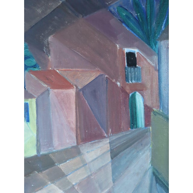 Blue Mid-Century Modern 'Cubist Street' Swedish Original Geometric Street Scene Oil Painting - Framed For Sale - Image 8 of 10