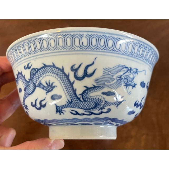 Blue Chinese Kangxi Style Blue & White Porcelain Bowl Decorated With Dragons and Clouds For Sale - Image 8 of 12