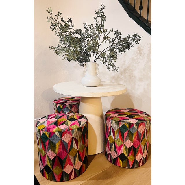 Custom Upholstered Ottomans in “Geometrica 04” Textile by Pacific Seasons (Set of 3) For Sale In Phoenix - Image 6 of 7