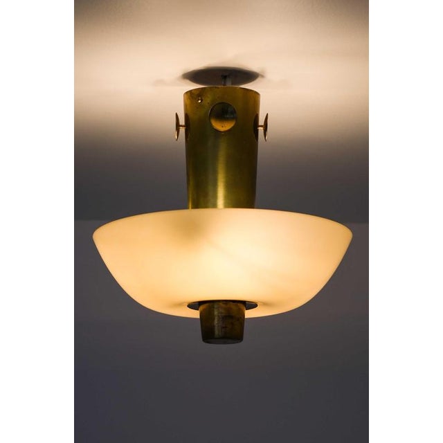 1950s Modern Scandinavian Ceiling Lamp in Brass and Opaline Glass by Paavo Tynell, 1950s For Sale - Image 5 of 11