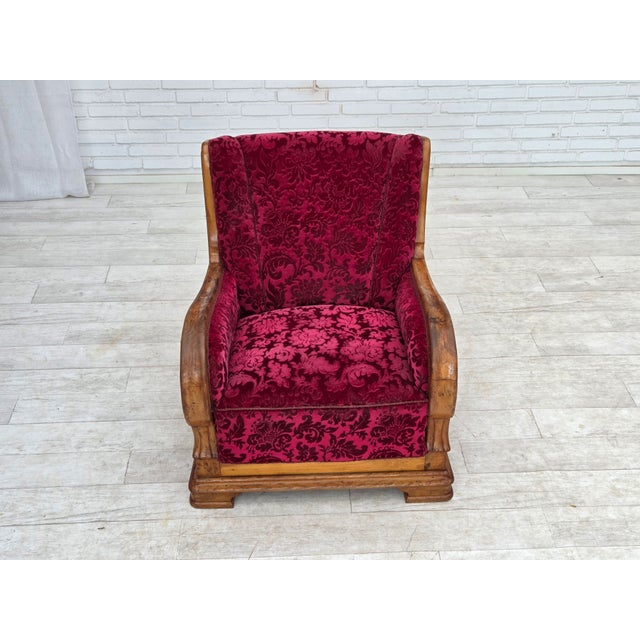 Danish Relax Armchair in Red Furniture Velour and Oak Wood, 1950s For Sale - Image 12 of 18