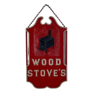 Vintage Wooden "Wood Stove's" Advertising Trade Sign in Bright Red & Black Stove For Sale