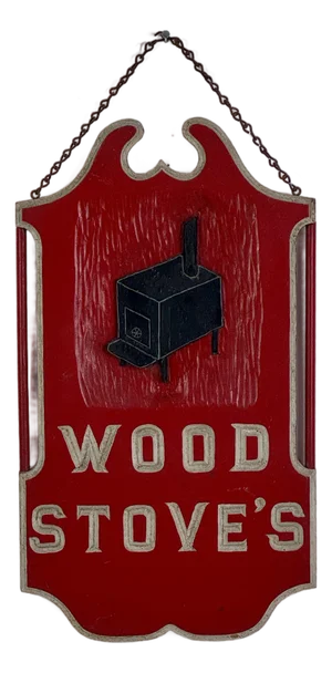 Vintage Wooden "Wood Stove's" Advertising Trade Sign in Bright Red & Black Stove