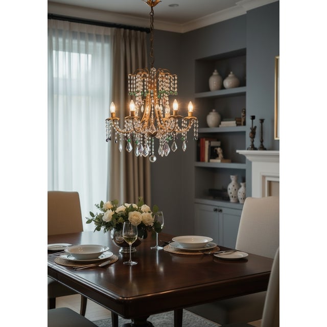 Italian Florentine Tole Gilt Murano Glass Beaded 6-Light Chandelier, 1950s For Sale - Image 6 of 17