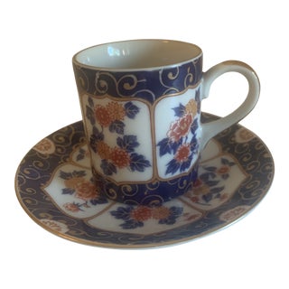 1960s Painted Gold Leaf Japanese Demitasse Cup & Saucer- 2 Pieces For Sale