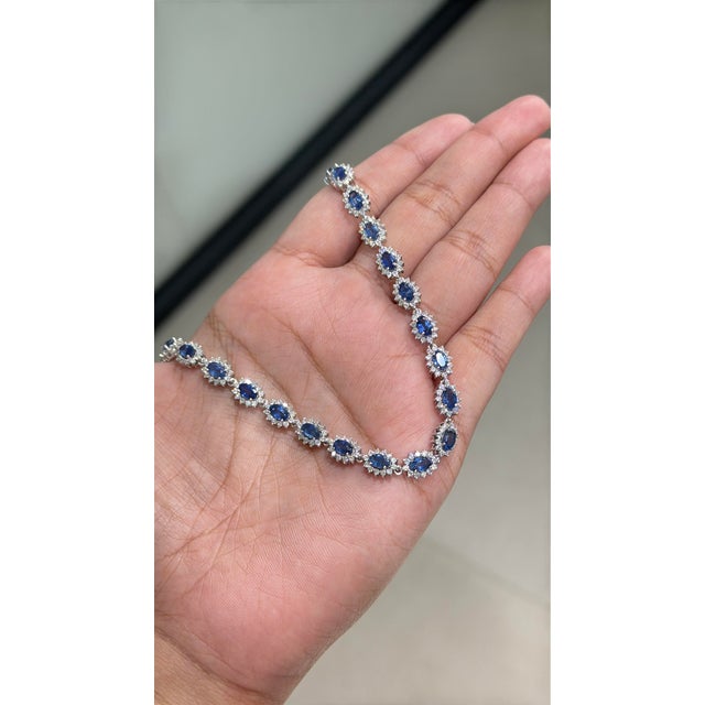 Contemporary Estate Blue Sapphire Diamond Art Deco Tennis Necklace in 18k White Gold For Sale - Image 3 of 16