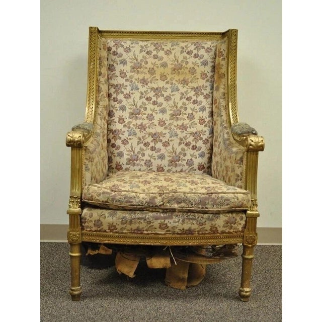 Antique French Louis XVI Victorian Gold Gilt Wood Wing Back Bergere Arm Chair. Item features a large impressive profile,...