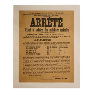 1918 French World War One Poster - "Arrête - Fixant Le Salaire Des Mobilisés Agricoles " (Text Only) For Sale