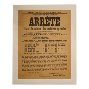 1918 French World War One Poster - "Arrête - Fixant Le Salaire Des Mobilisés Agricoles " (Text Only)