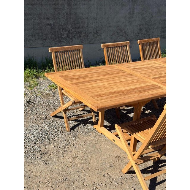 Rectangular Extendable Teak Garden Table and Folding Chairs, Set of 7 For Sale - Image 3 of 10