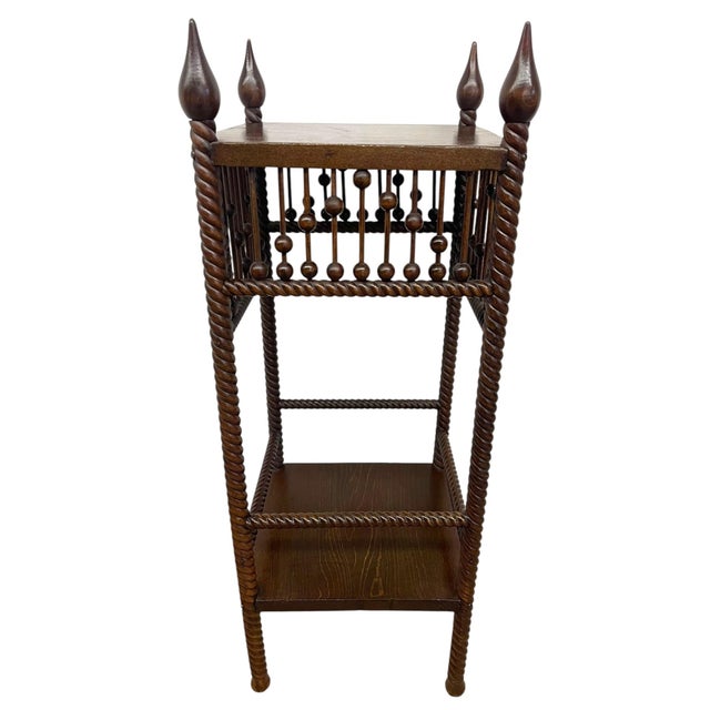 Brown Vintage Barley Twist Wood Plant Stand / Side Table With Turned Spindle Gallery and Finials For Sale - Image 8 of 10