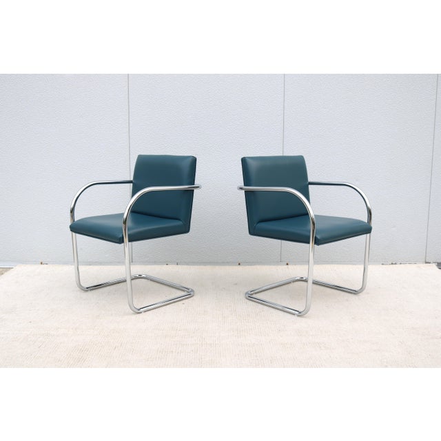 Ludwig Mies Van Der Rohe Brno Tubular Chairs in Blue Leather by Gordon - A Pair For Sale - Image 10 of 18