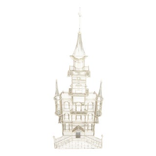 53" Tall c1960s Very Fine Wall Wire Sculpture of Castle House Architecture For Sale