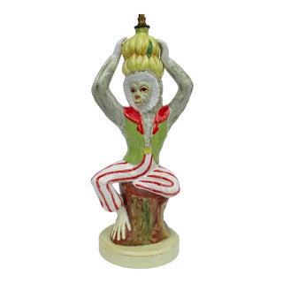 C1950's Hollywood Regency Italian Porcelain Ceramic Monkey Lamp For Sale