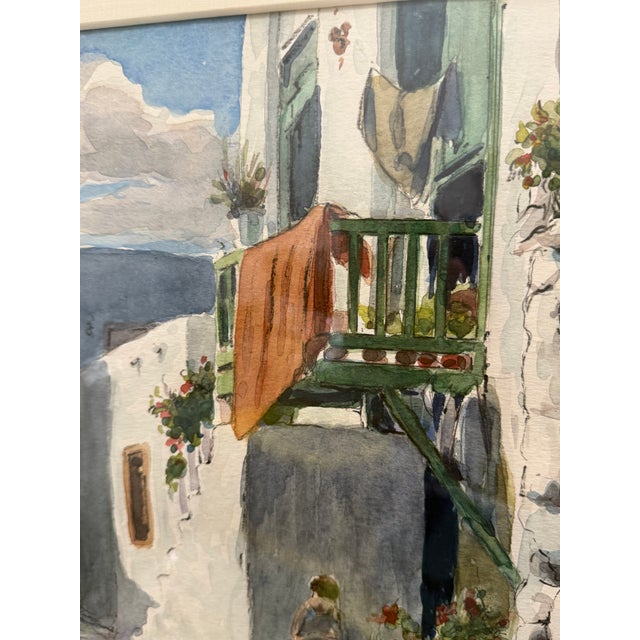 Beautiful original watercolor painting depicting idyllic Greek island scenes, professionally custom framed with museum-...