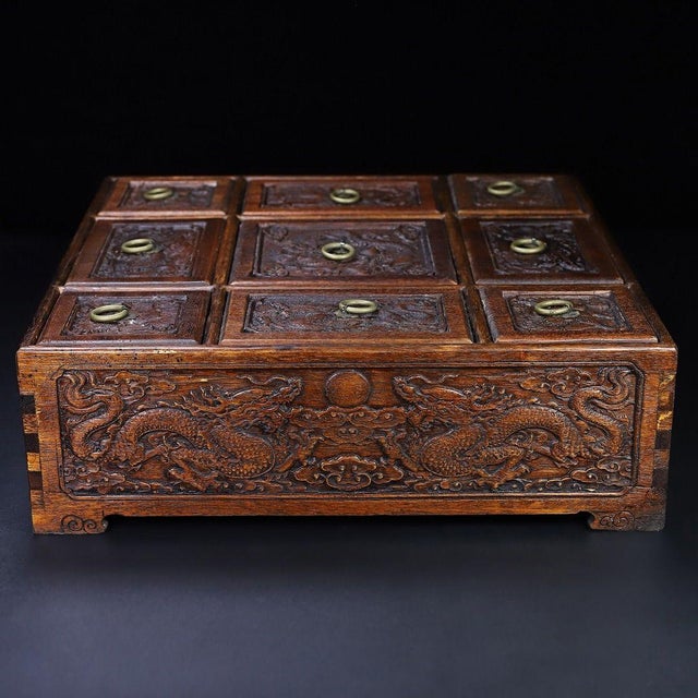 Huali Rosewood Nine-Grid Treasure Box With Dragon Motif For Sale - Image 4 of 9