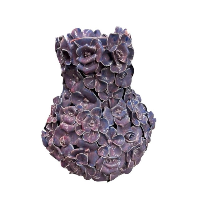 Ceramic Vintage Italian Hand-Sculpted Floral Ceramic Vase - Purple Glazed Encrusted Blossom Urn For Sale - Image 7 of 12