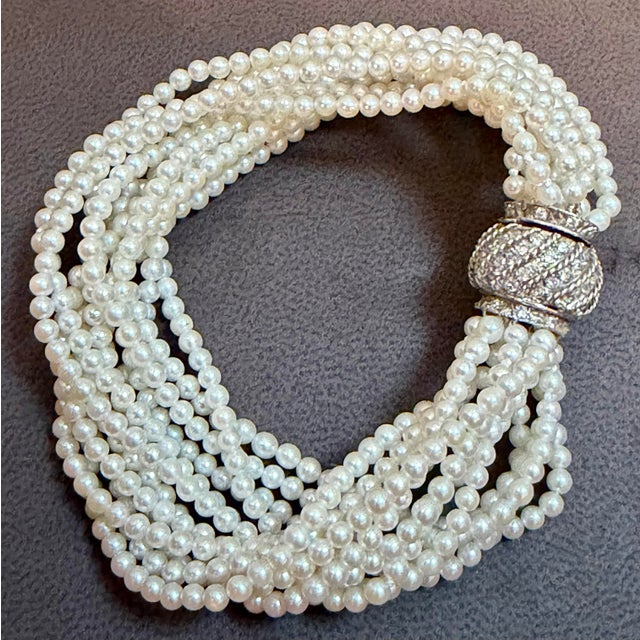 White 3.1 Mm Akoya Japanies Pearl Multi Strand Bracelet, 14kwg Diamond Clasp, 8 Inch For Sale - Image 8 of 12
