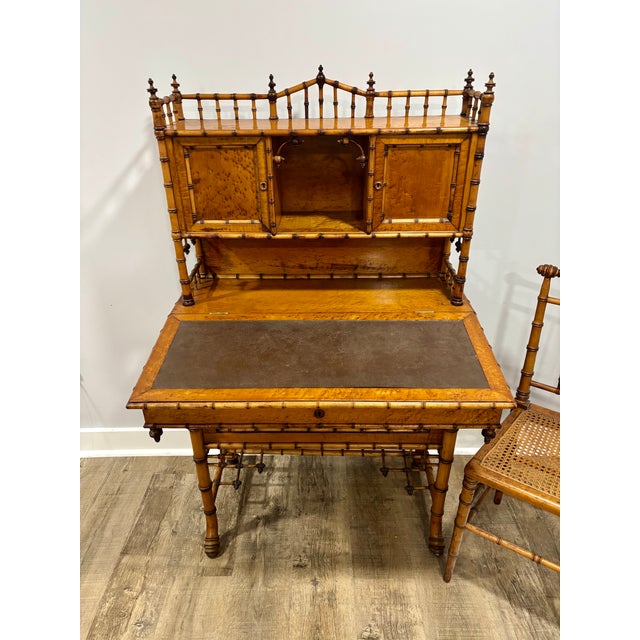 Late 20th Century Aesthetic Movement Faux Bamboo Bird's-Eye Maple Secretary Desk & Original Chair Attributed to r.j. Horner For Sale - Image 17 of 17