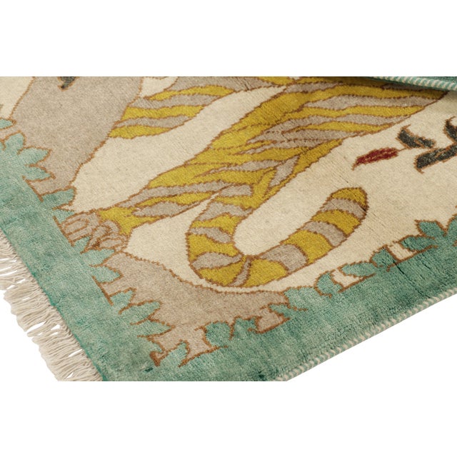 Textile Vintage Gabbeh Persian Rug, Cream With Gold Lion Pictorial - Rug & Kilim For Sale - Image 7 of 8