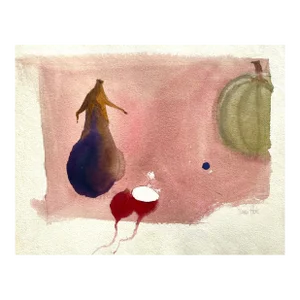 Claus Hoie, Watercolor Still life Painting Vegetables Claus Hoien Greengrocer Kitchen Series