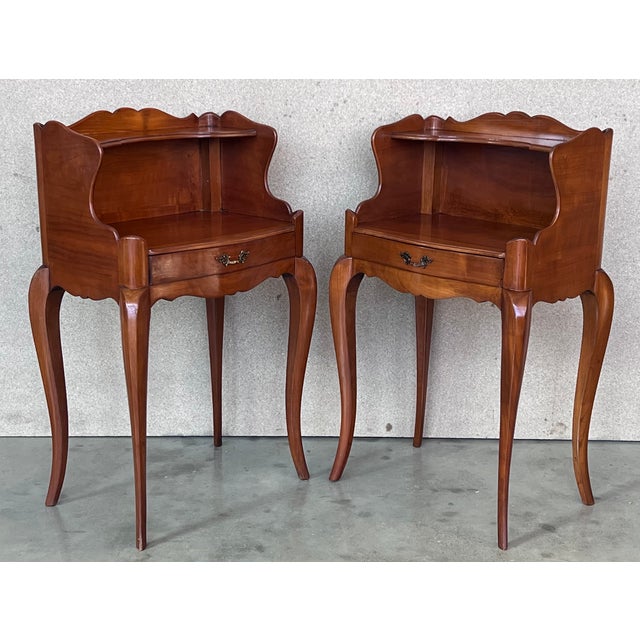 French 20th Pair of French Nightstands Tables With Drawer and Open Shelf For Sale - Image 3 of 12