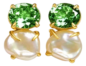 Mid 20th Century Pair of 14k Yellow Gold Green Amethyst Baroque Pearl Drop Earrings Designer Estate