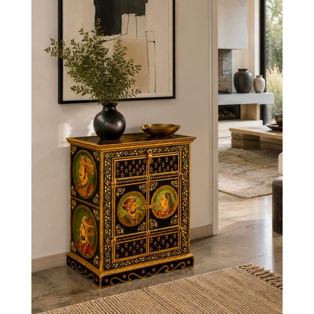 Early 19th Century Indian Mughal Hand-Painted Polychrome Cabinet with Royal Portraits Dimensions 28" H x 22" W x 15" D...