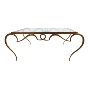 Faux Gilt Metal Scrollwork and Glass Coffee Table