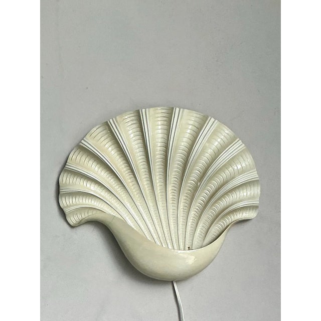 Cream Vintage Coastal Monumental Glazed Ceramic Clamshell Light Sconce For Sale - Image 8 of 10